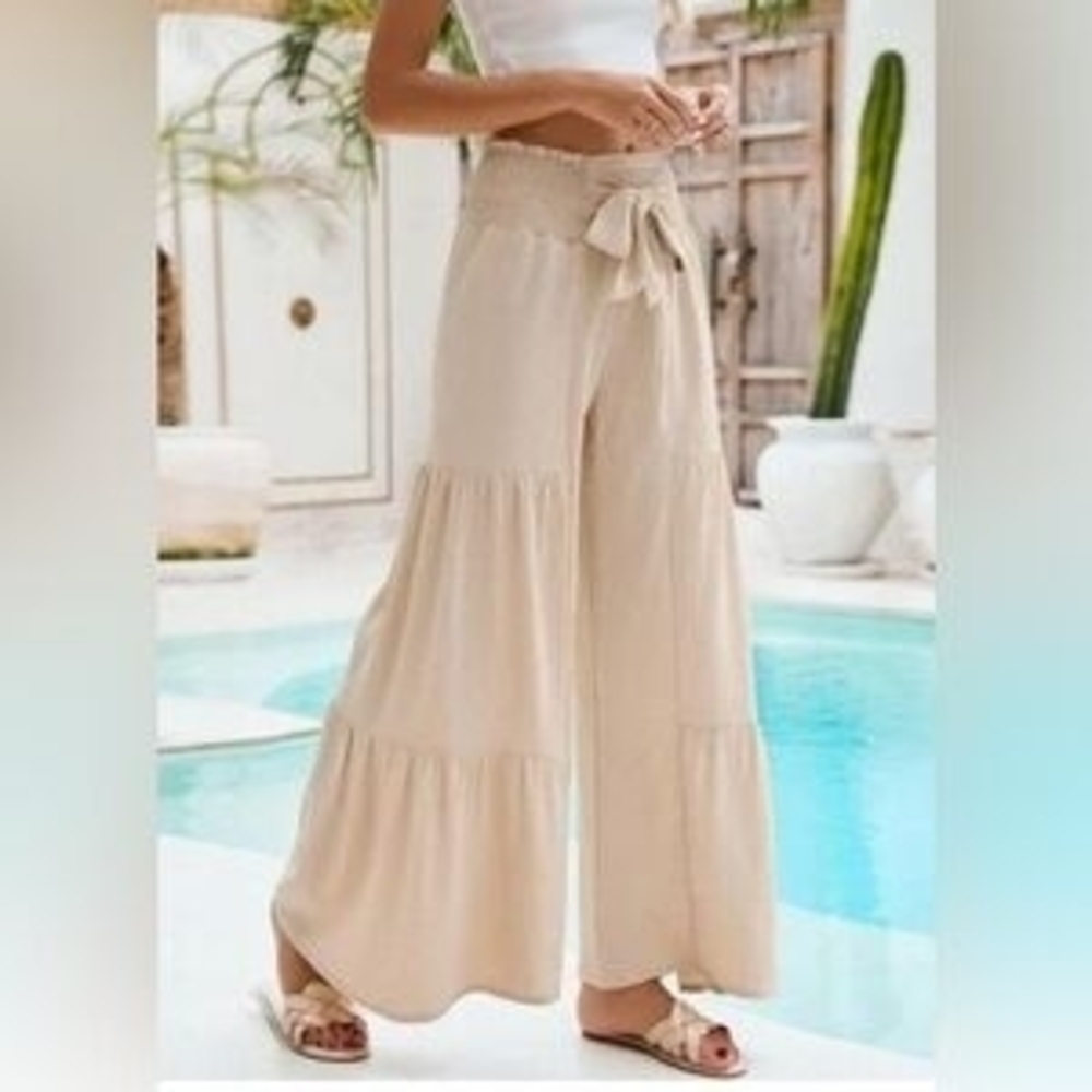 HAPPILY GREY | Beige Rayon Linen Blend Wide-Leg Tie Waist Boho Patch Pants | XL - Picture 1 of 11